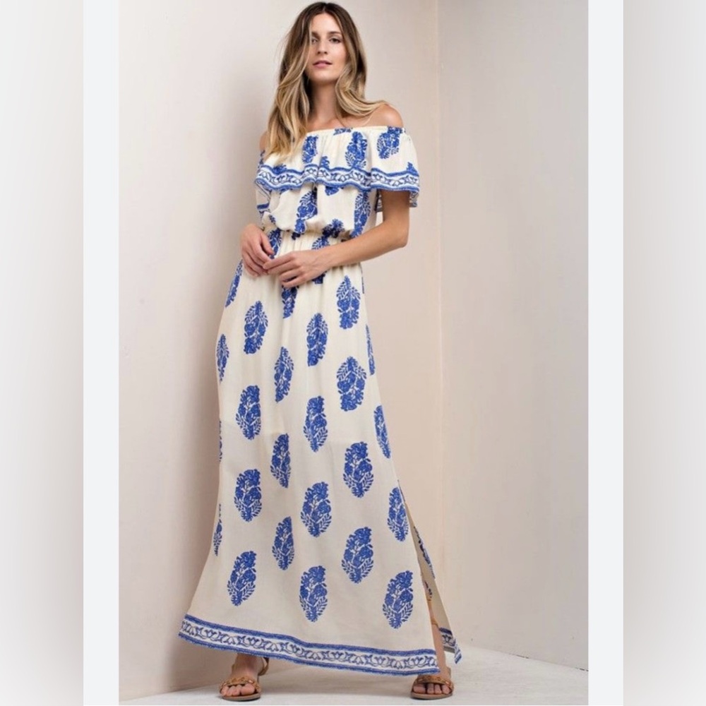 Kori America Blue and White Off-Shoulder Long Embroidered Maxi Dress, Small